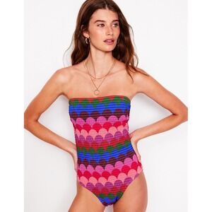 BODEN Milos Smocked Swimsuit, Strapless Multi Color, Scallop Stripe, Size 16-18
